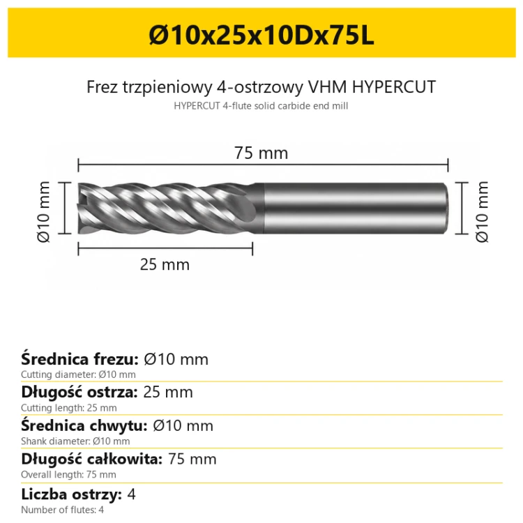 HYPERCUT 4-flute solid carbide end mill Ø10x25x10Dx75L