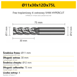 HYPERCUT 4-flute solid carbide end mill Ø11x30x12Dx75L