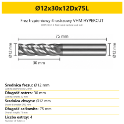 HYPERCUT 4-flute solid carbide end mill Ø12x30x12Dx75L