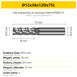 HYPERCUT 4-flute solid carbide end mill Ø12x36x12Dx75L