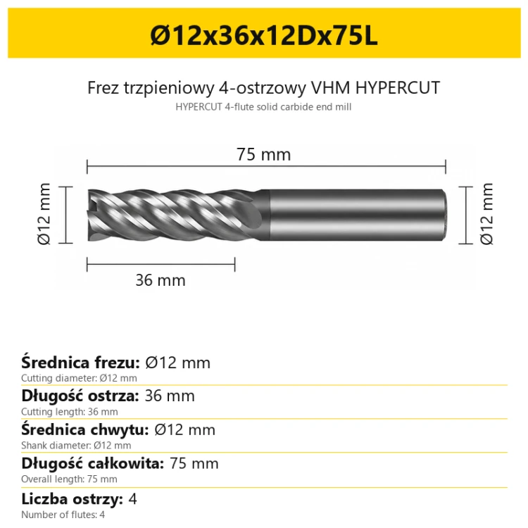 HYPERCUT 4-flute solid carbide end mill Ø12x36x12Dx75L