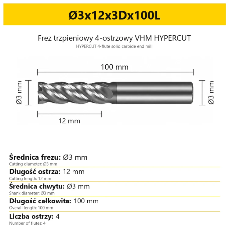 Frez trzpieniowy 4-ostrzowy VHM HYPERCUT Ø3x12x3Dx100L