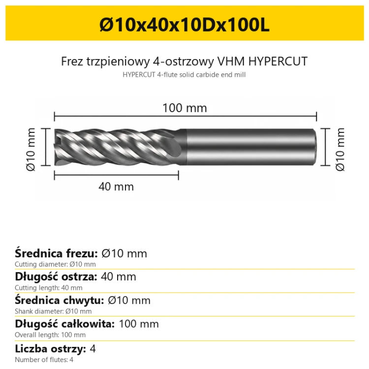 HYPERCUT 4-flute solid carbide end mill Ø10x40x10Dx100L