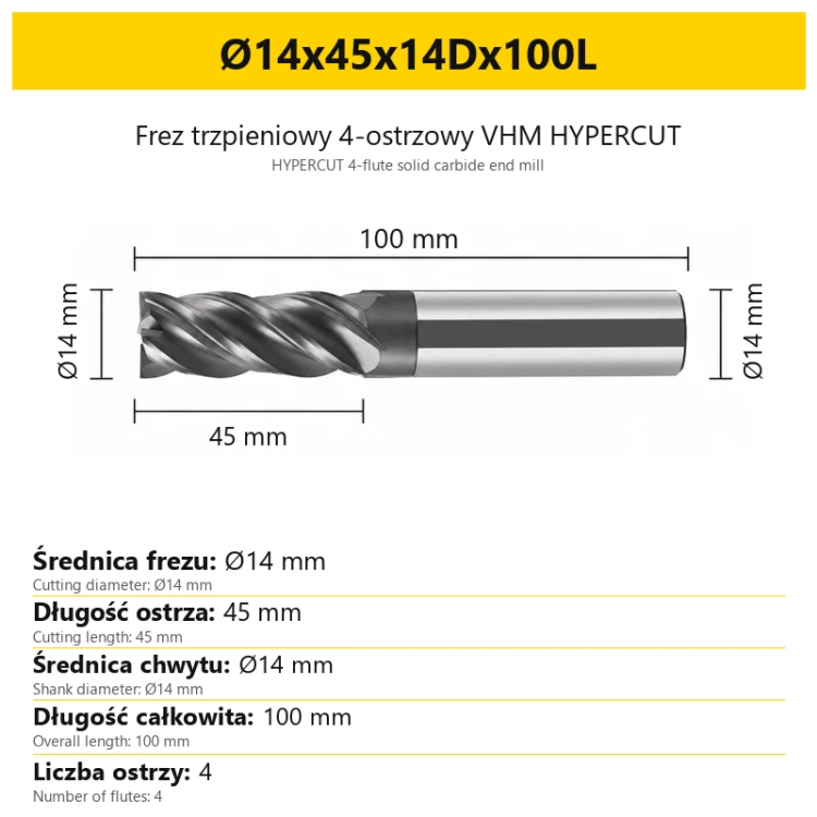 HYPERCUT 4-flute solid carbide end mill Ø14x45x14Dx100L