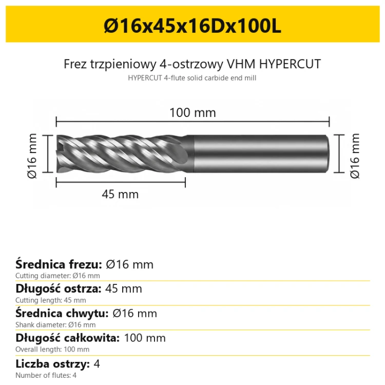 HYPERCUT 4-flute solid carbide end mill Ø16x45x16Dx100L