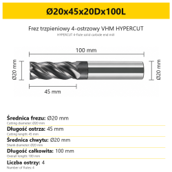 HYPERCUT 4-flute solid carbide end mill Ø20x45x20Dx100L