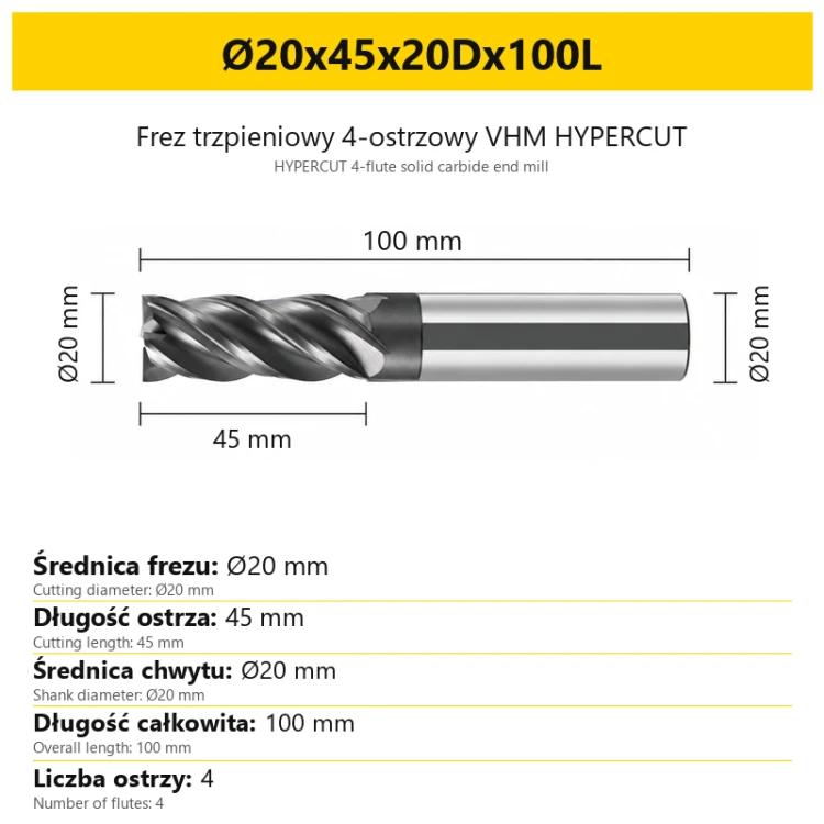 HYPERCUT 4-flute solid carbide end mill Ø20x45x20Dx100L