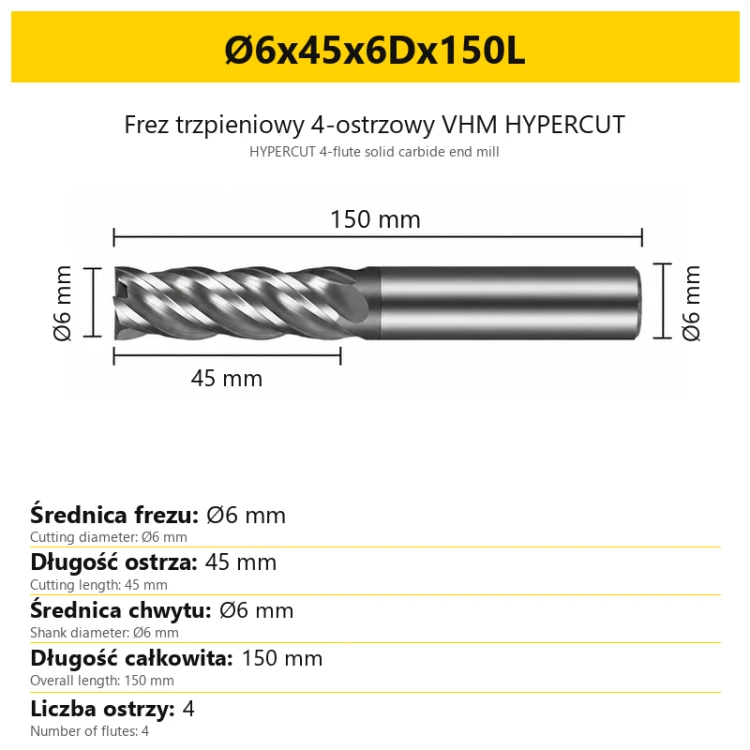 HYPERCUT 4-flute solid carbide end mill Ø6x45x6Dx150L