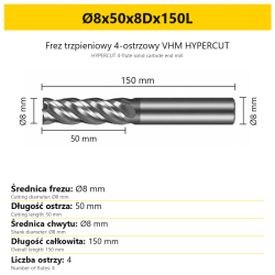 HYPERCUT 4-flute solid carbide end mill Ø8x50x8Dx150L