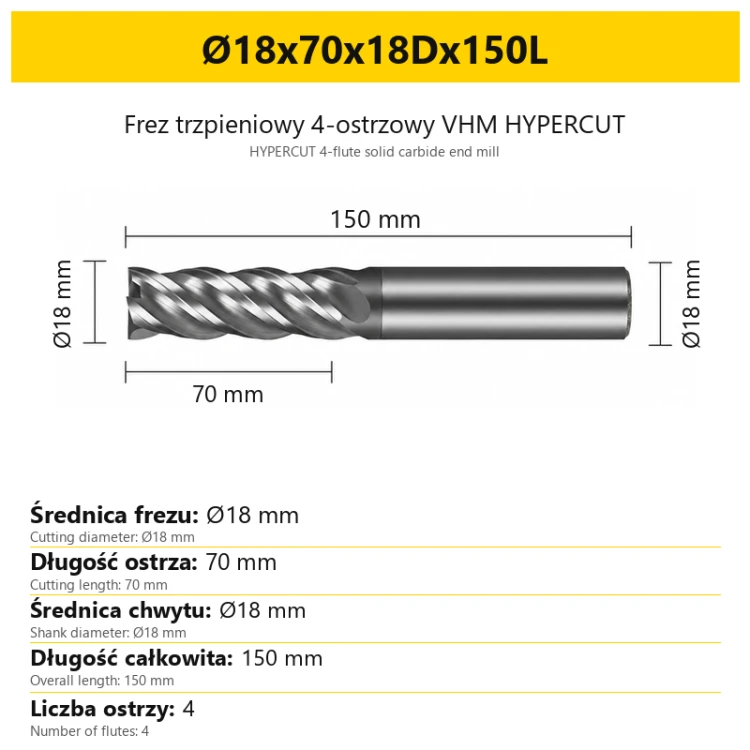 HYPERCUT 4-flute solid carbide end mill Ø18x70x18Dx150L