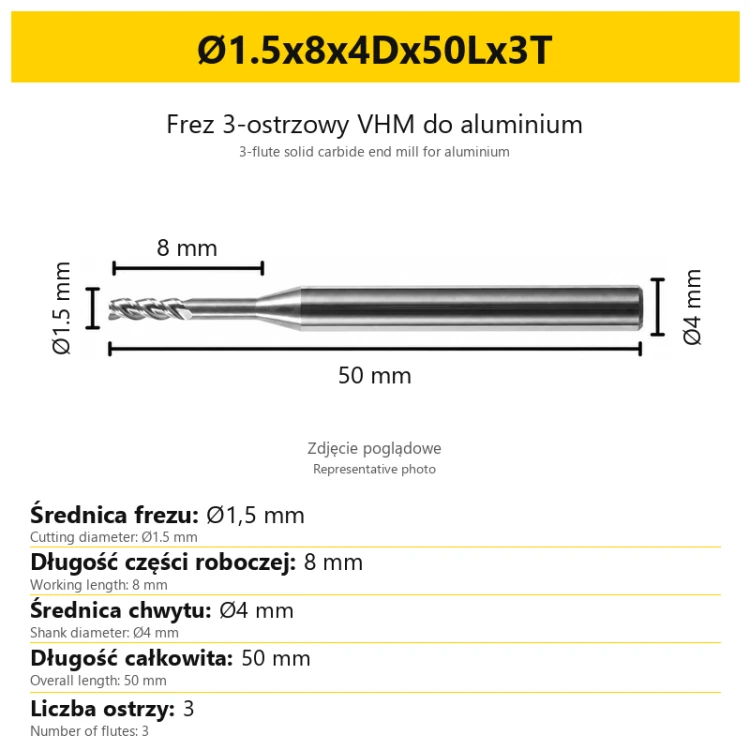 3-flute solid carbide end mill for aluminium Ø1.5x8x4Dx50Lx3T