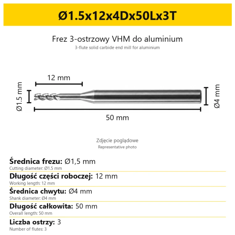 3-flute solid carbide end mill for aluminium Ø1.5x12x4Dx50Lx3T