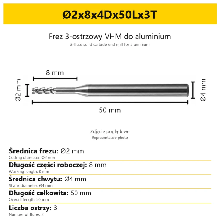 3-flute solid carbide end mill for aluminium Ø2x8x4Dx50Lx3T