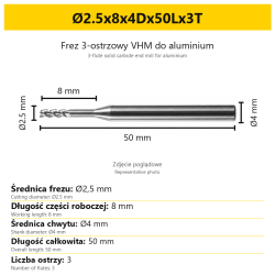 3-flute solid carbide end mill for aluminium Ø2.5x8x4Dx50Lx3T