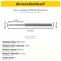 2-flute solid carbide end mill for aluminium Ø0.4x2x4Dx50Lx2T