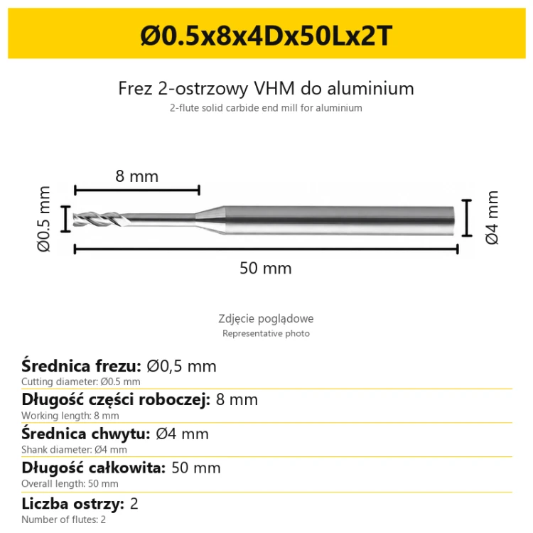 2-flute solid carbide end mill for aluminium Ø0.5x8x4Dx50Lx2T