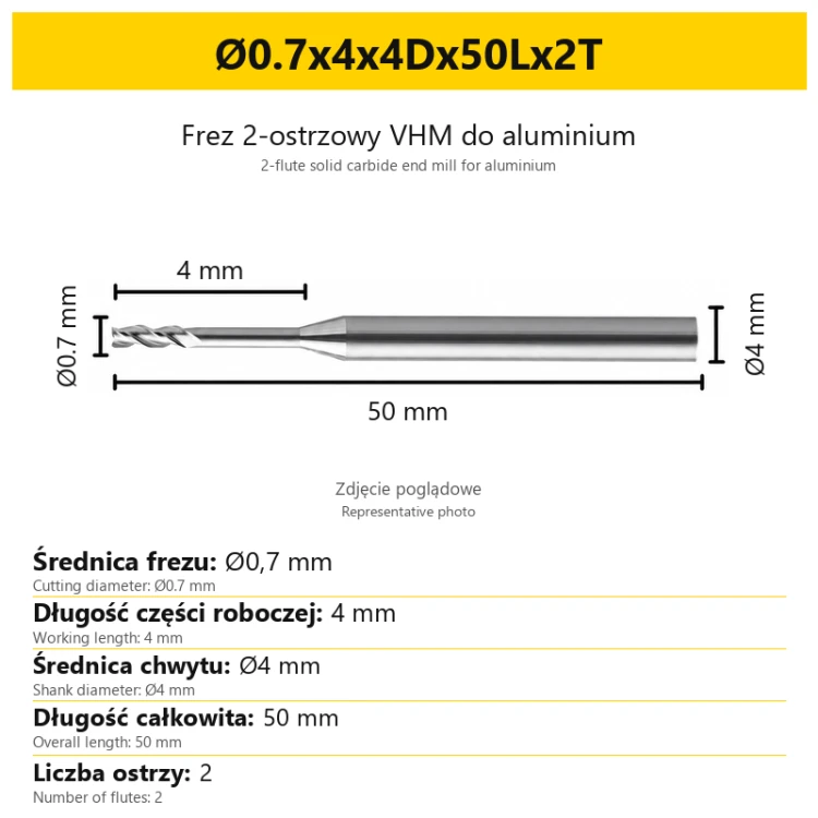 2-flute solid carbide end mill for aluminium Ø0.7x4x4Dx50Lx2T
