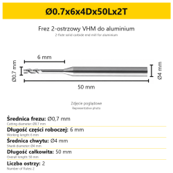 2-flute solid carbide end mill for aluminium Ø0.7x6x4Dx50Lx2T