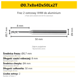 2-flute solid carbide end mill for aluminium Ø0.7x8x4Dx50Lx2T