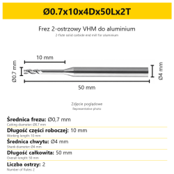 2-flute solid carbide end mill for aluminium Ø0.7x10x4Dx50Lx2T