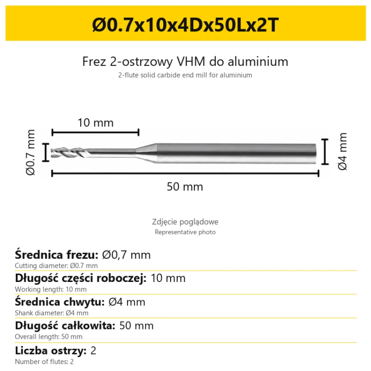 2-flute solid carbide end mill for aluminium Ø0.7x10x4Dx50Lx2T