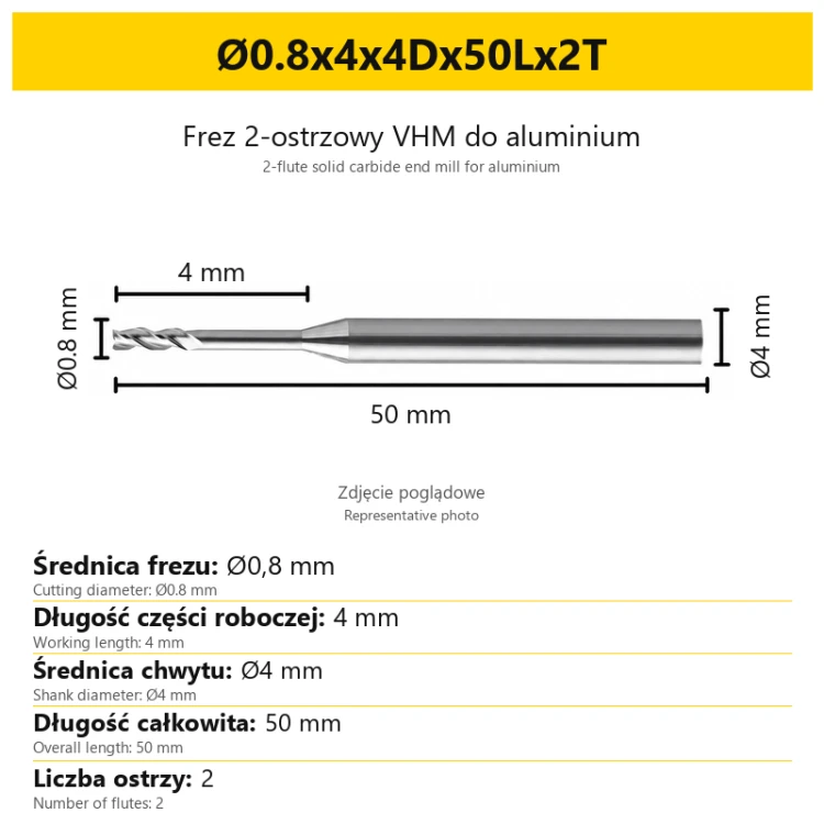 2-flute solid carbide end mill for aluminium Ø0.8x4x4Dx50Lx2T