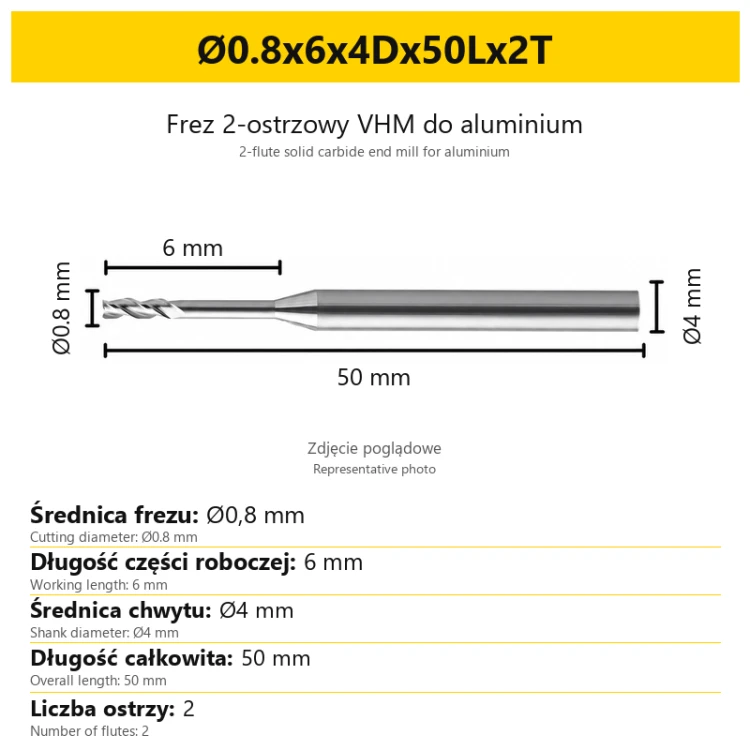 2-flute solid carbide end mill for aluminium Ø0.8x6x4Dx50Lx2T