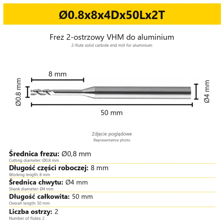 2-flute solid carbide end mill for aluminium Ø0.8x8x4Dx50Lx2T