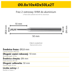 2-flute solid carbide end mill for aluminium Ø0.8x10x4Dx50Lx2T
