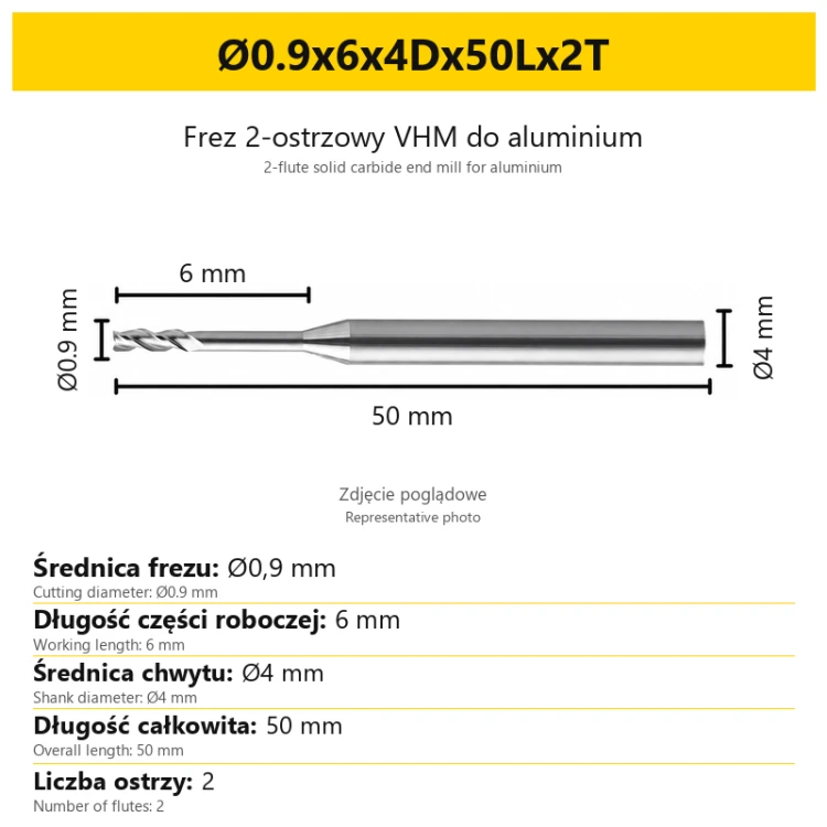 2-flute solid carbide end mill for aluminium Ø0.9x6x4Dx50Lx2T