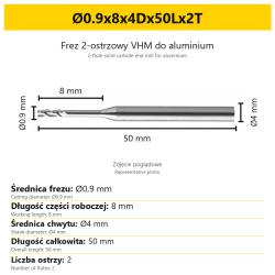 2-flute solid carbide end mill for aluminium Ø0.9x8x4Dx50Lx2T