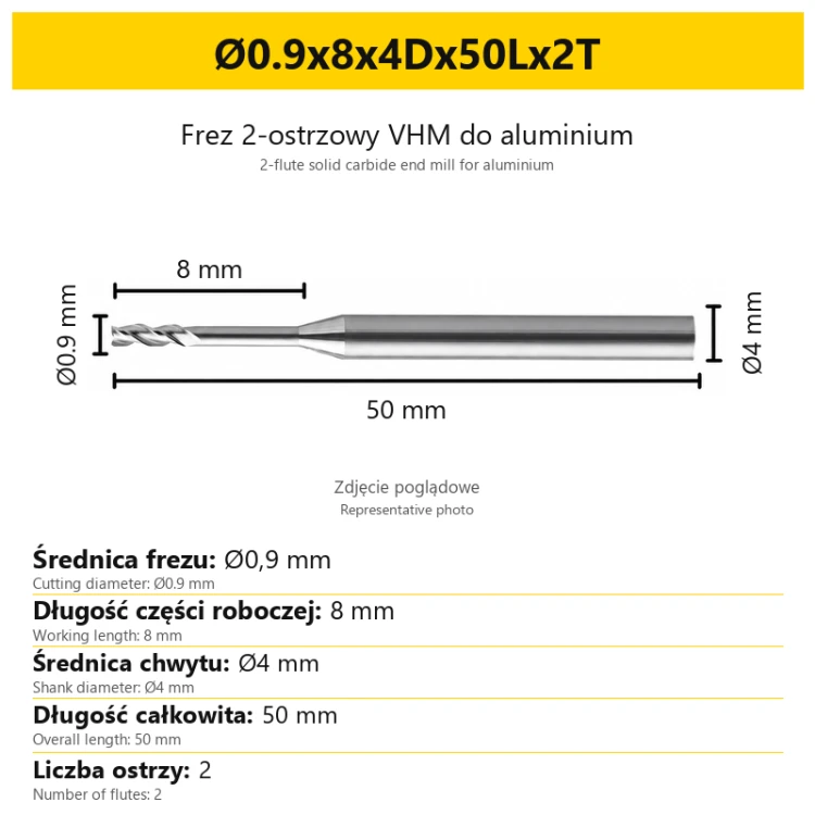 2-flute solid carbide end mill for aluminium Ø0.9x8x4Dx50Lx2T
