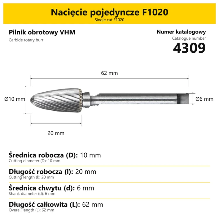 Pilnik obrotowy VHM · Nacięcie pojedyncze F1020 · 4309