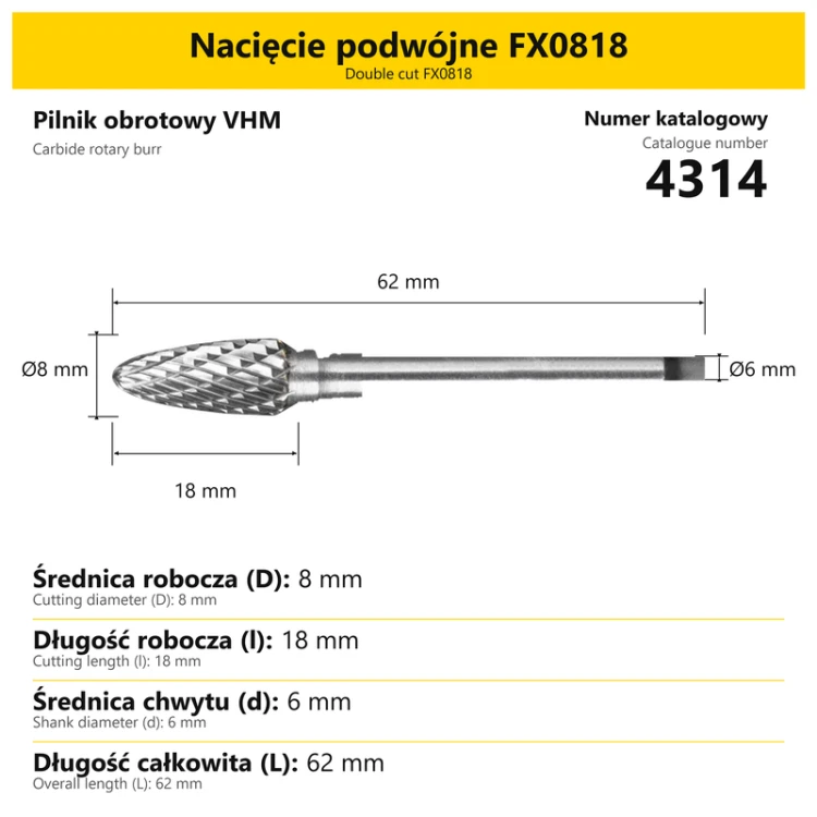 Pilnik obrotowy VHM · Nacięcie podwójne FX0818 · 4314