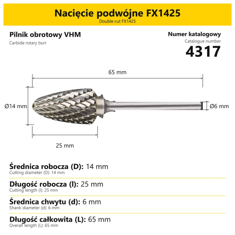 Pilnik obrotowy VHM · Nacięcie podwójne FX1425 · 4317