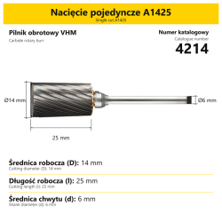 Pilnik obrotowy VHM · Nacięcie pojedyncze A1425 · 4214