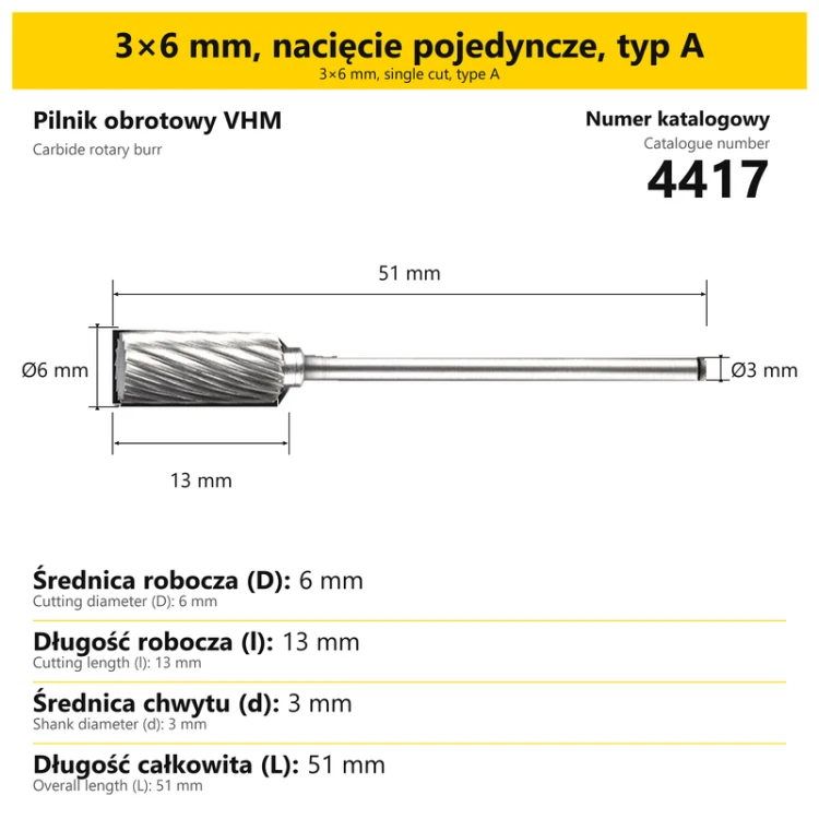 Pilnik obrotowy VHM · 3×6 mm, nacięcie pojedyncze, typ A · 4417