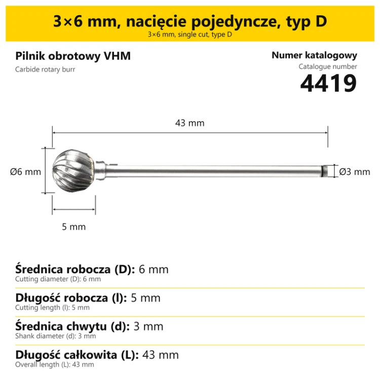 Pilnik obrotowy VHM · 3×6 mm, nacięcie pojedyncze, typ D · 4419