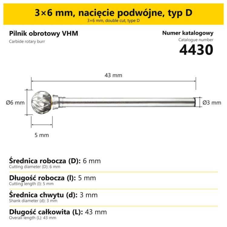 Pilnik obrotowy VHM · 3×6 mm, nacięcie podwójne, typ D · 4430