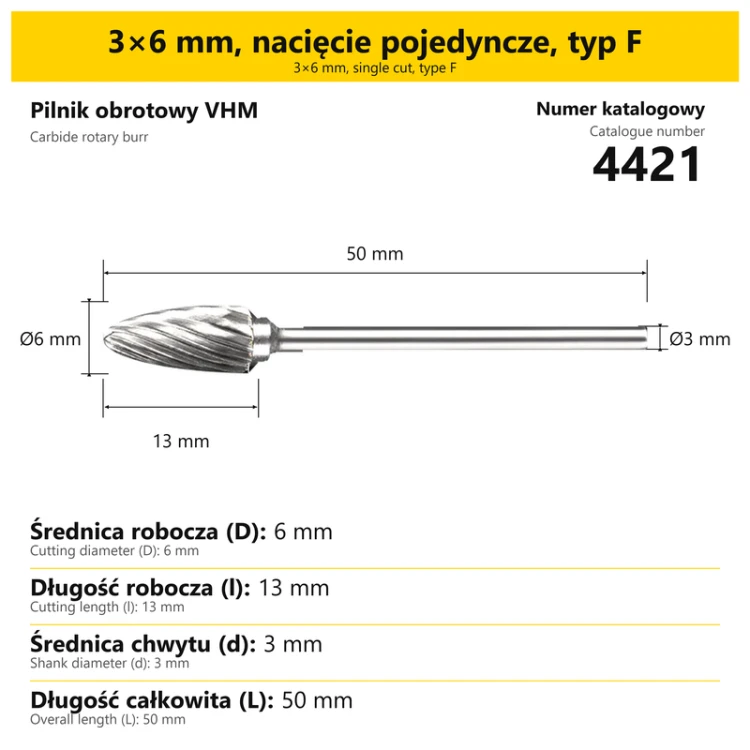Pilnik obrotowy VHM · 3×6 mm, nacięcie pojedyncze, typ F · 4421