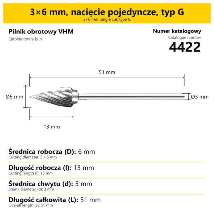 Pilnik obrotowy VHM · 3×6 mm, nacięcie pojedyncze, typ G · 4422