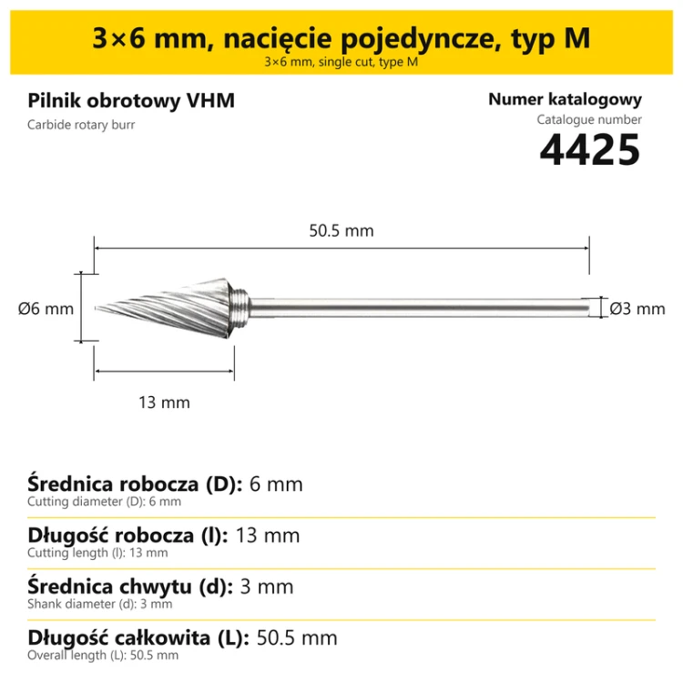 Pilnik obrotowy VHM · 3×6 mm, nacięcie pojedyncze, typ M · 4425