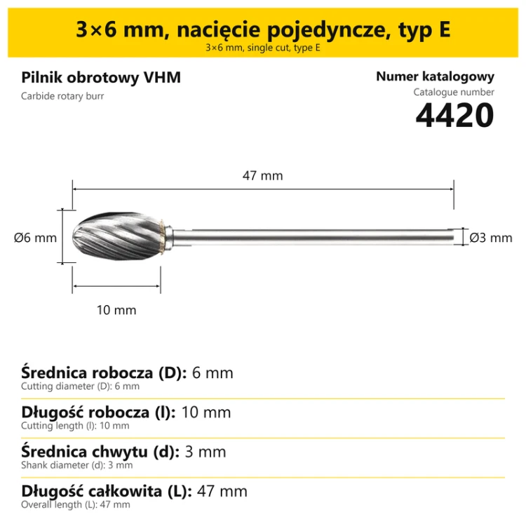 Pilnik obrotowy VHM · 3×6 mm, nacięcie pojedyncze, typ E · 4420