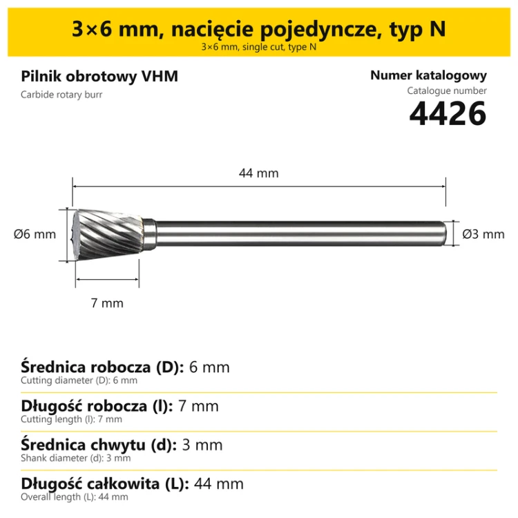Pilnik obrotowy VHM · 3×6 mm, nacięcie pojedyncze, typ N · 4426