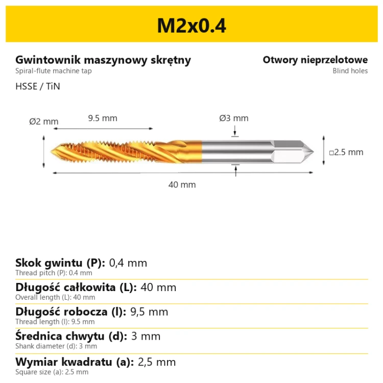 Gwintownik maszynowy skrętny HSSE TiN · M2x0.4