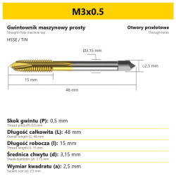 Gwintownik maszynowy prosty HSSE TiN · M3x0.5