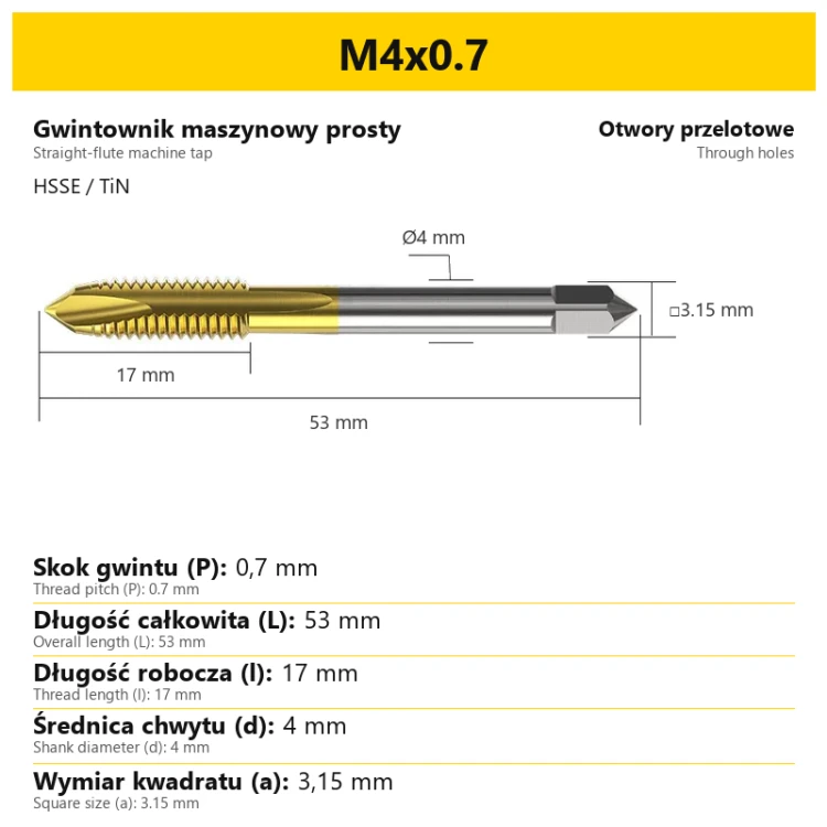 Gwintownik maszynowy prosty HSSE TiN · M4x0.7