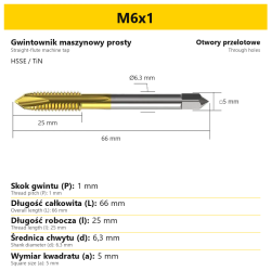 Gwintownik maszynowy prosty HSSE TiN · M6x1