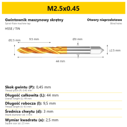 Gwintownik maszynowy skrętny HSSE TiN · M2.5x0.45