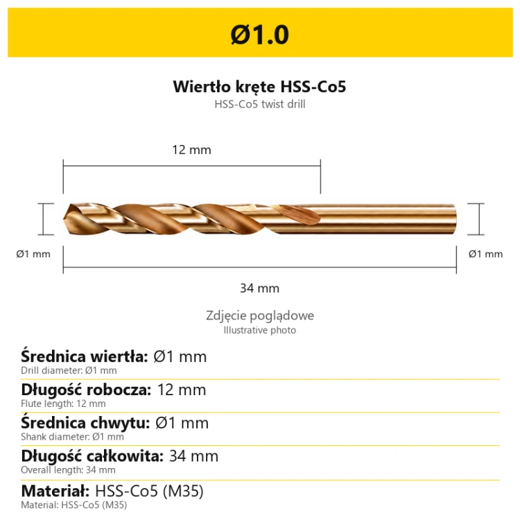 Wiertło HSS-Co5 57 — Ø1.0 — PL/EN